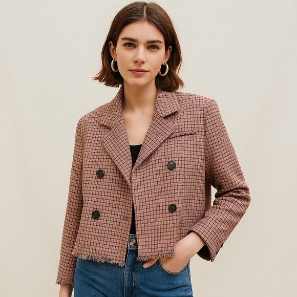 Free People Roxy Blazer Cranberry Check Combo Size XL - Picture 1 of 7